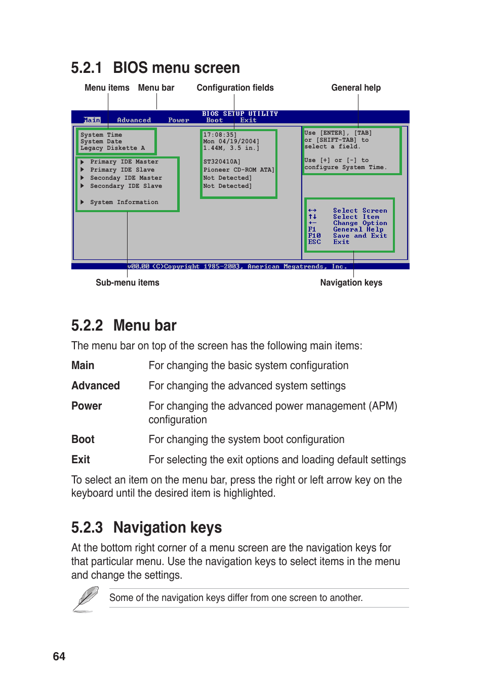 2 menu bar, 1 bios menu screen 5.2.3 navigation keys | Asus Vintage User Manual | Page 64 / 86