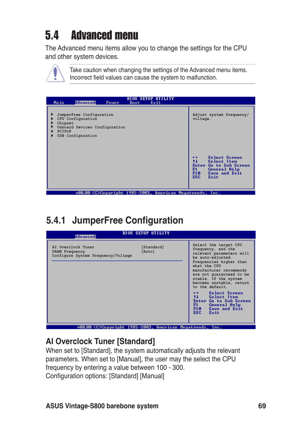 4 advanced menu, 1 jumperfree configuration, Ai overclock tuner [standard | Asus Vintage User Manual | Page 69 / 86