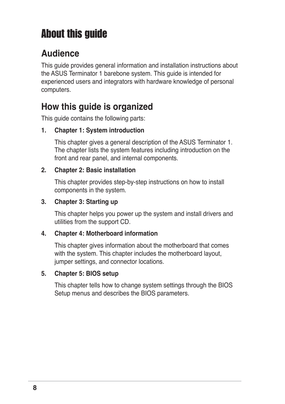 About this guide, Audience, How this guide is organized | Asus Vintage User Manual | Page 8 / 86