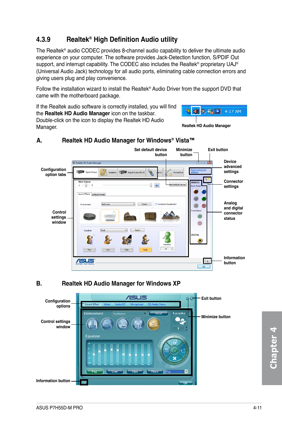 9 realtek® high definition audio utility, Realtek, High definition audio utility -11 | Chapter 4, 9 realtek, High definition audio utility, A. realtek hd audio manager for windows, Vista, B. realtek hd audio manager for windows xp | Asus P7H55D-M PRO User Manual | Page 107 / 110