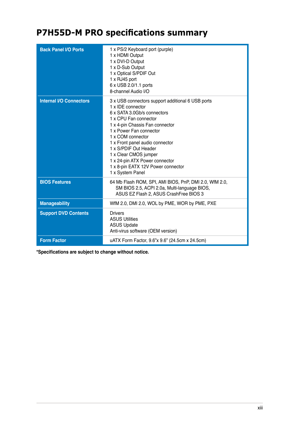P7h55d-m pro specifications summary | Asus P7H55D-M PRO User Manual | Page 13 / 110