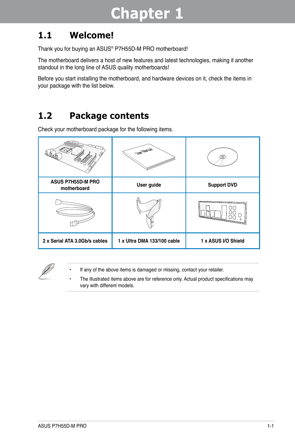 Chapter 1: product introduction, 1 welcome, 2 package contents | Chapter 1, Product introduction, Welcome! -1, Package contents -1 | Asus P7H55D-M PRO User Manual | Page 15 / 110