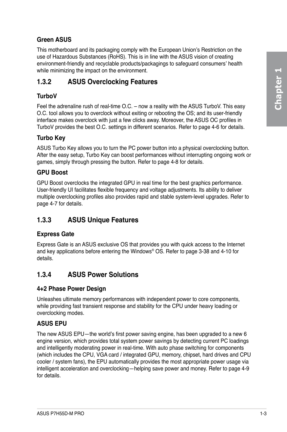 2 asus overclocking features, 3 asus unique features, 4 asus power solutions | Asus overclocking features -3, Asus unique features -3, Asus power solutions -3, Chapter 1 | Asus P7H55D-M PRO User Manual | Page 17 / 110