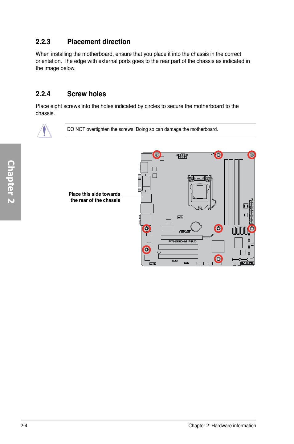 3 placement direction, 4 screw holes, Placement direction -4 | Screw holes -4, Chapter 2 | Asus P7H55D-M PRO User Manual | Page 24 / 110