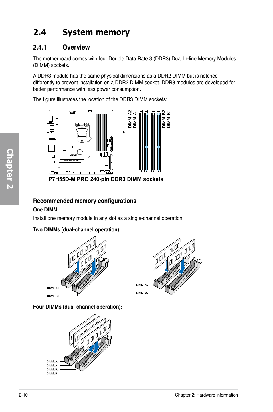 4 system memory, 1 overview, System memory -10 2.4.1 | Overview -10 | Asus P7H55D-M PRO User Manual | Page 30 / 110