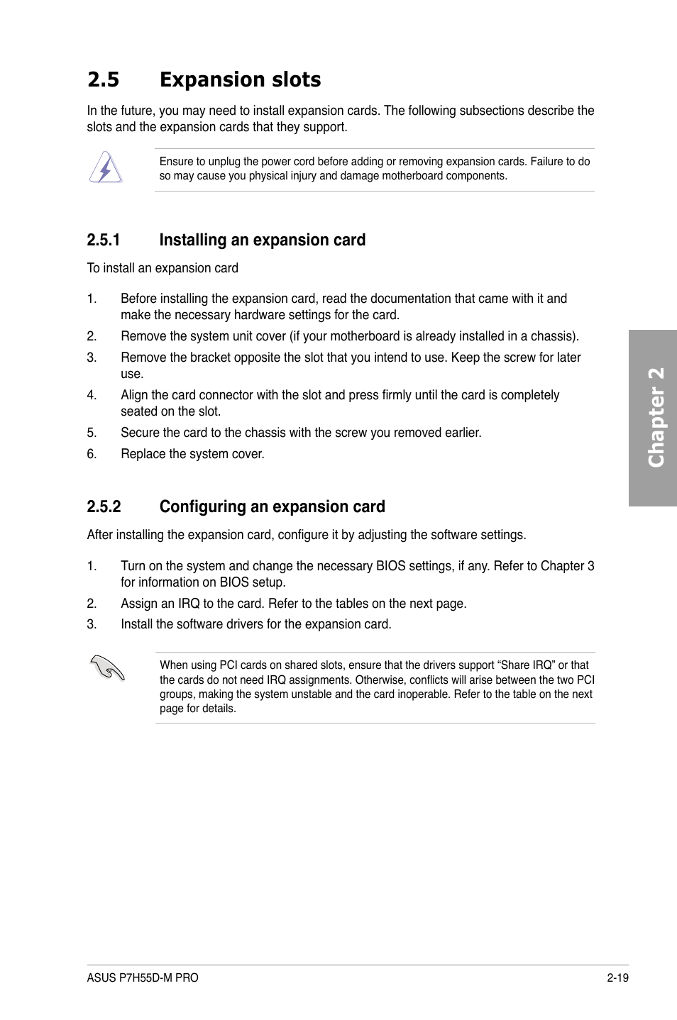 5 expansion slots, 1 installing an expansion card, 2 configuring an expansion card | Expansion slots -19 2.5.1, Installing an expansion card -19, Configuring an expansion card -19, Chapter 2 2.5 expansion slots | Asus P7H55D-M PRO User Manual | Page 39 / 110