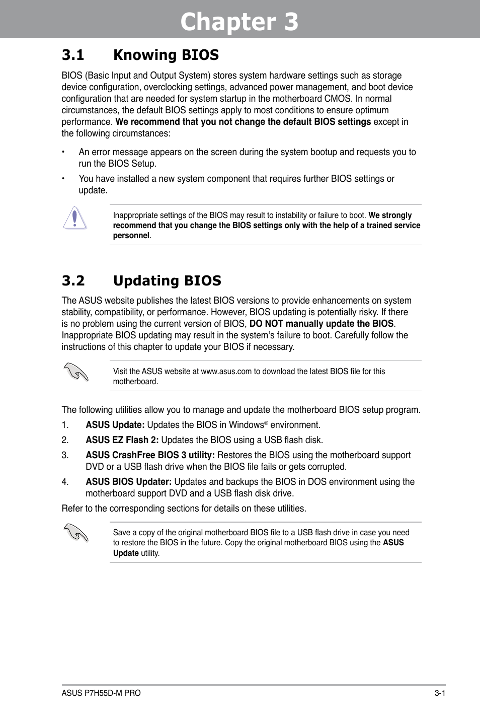 Chapter 3: bios setup, 1 knowing bios, 2 updating bios | Chapter 3, Bios setup, Knowing bios -1, Updating bios -1 | Asus P7H55D-M PRO User Manual | Page 57 / 110