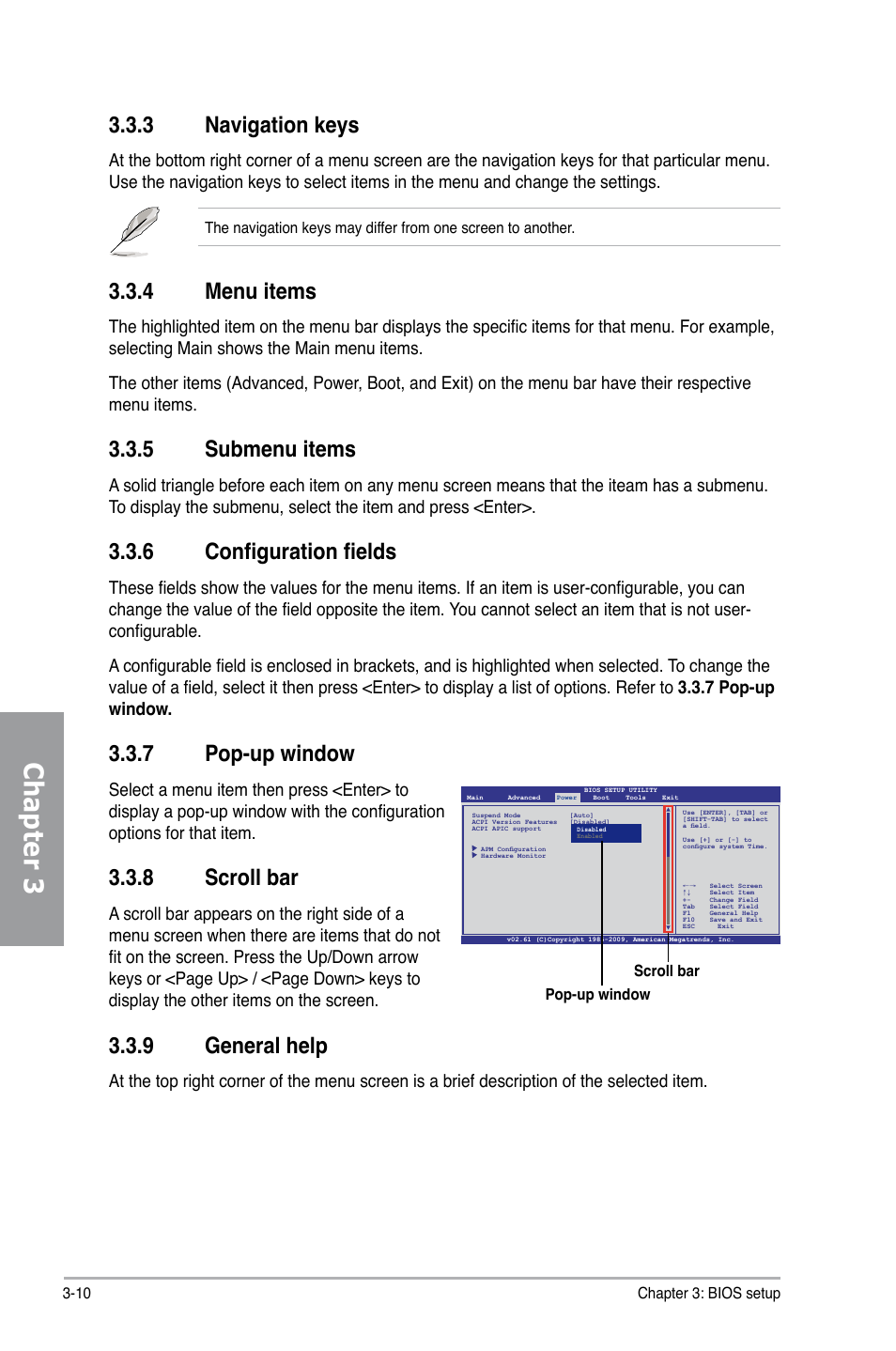 3 navigation keys, 4 menu items, 5 submenu items | 6 configuration fields, 7 pop-up window, 8 scroll bar, 9 general help, Navigation keys -10, Menu items -10, Submenu items -10 | Asus P7H55D-M PRO User Manual | Page 66 / 110