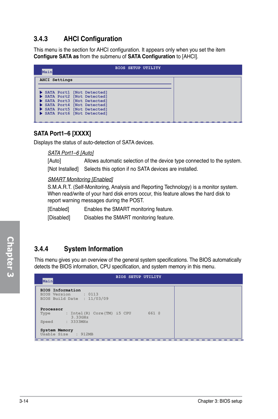 3 ahci configuration, 4 system information, Ahci configuration -14 | System information -14, Chapter 3 | Asus P7H55D-M PRO User Manual | Page 70 / 110