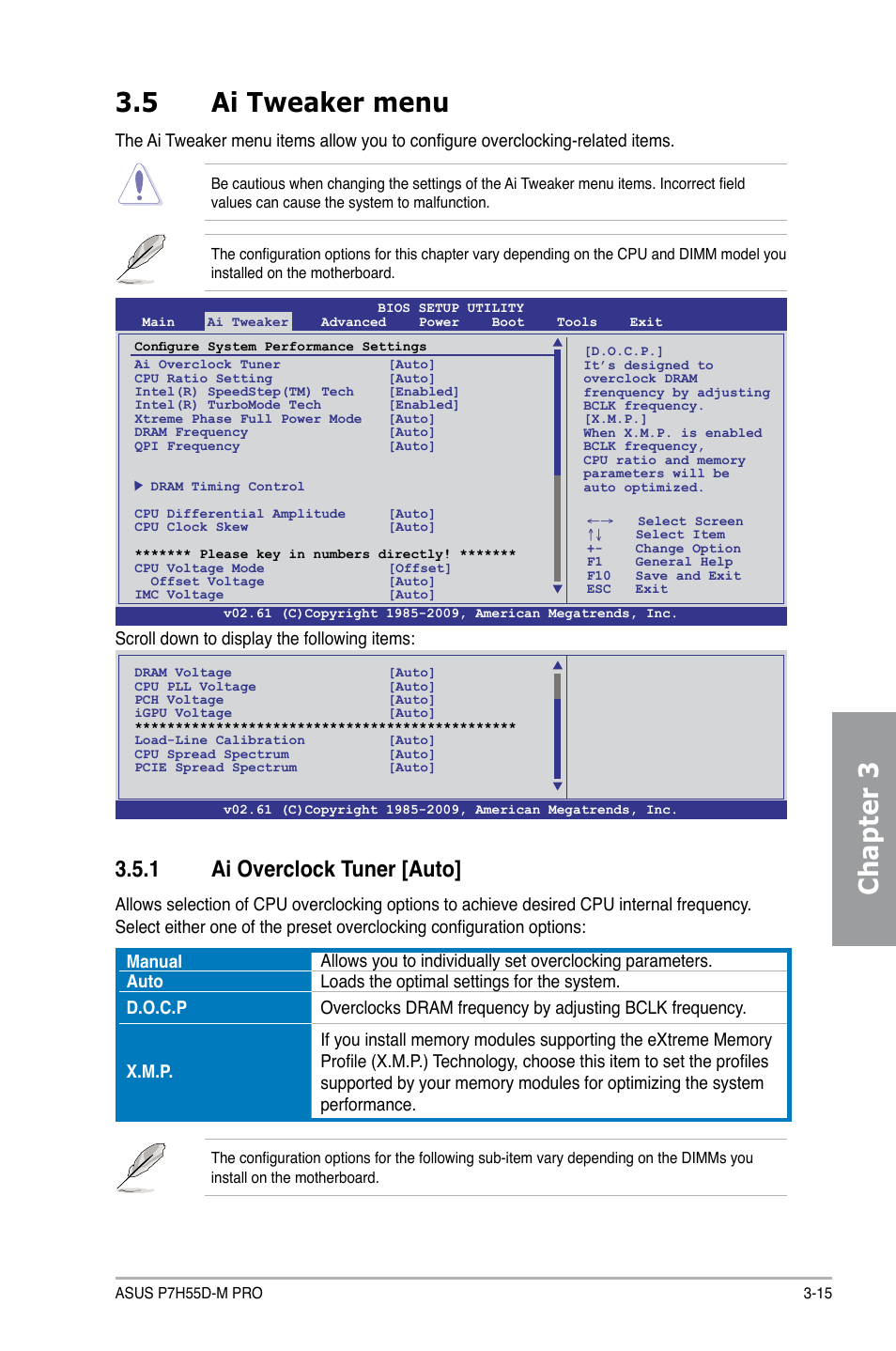 5 ai tweaker menu, 1 ai overclock tuner [auto, Ai tweaker menu -15 3.5.1 | Ai overclock tuner -15, Chapter 3 3.5 ai tweaker menu, Scroll down to display the following items | Asus P7H55D-M PRO User Manual | Page 71 / 110