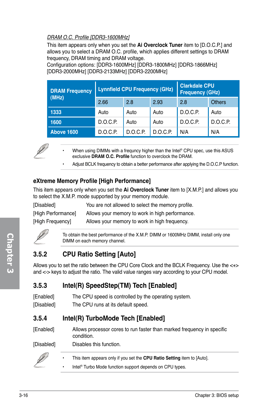 2 cpu ratio setting [auto, 3 intel(r) speedstep(tm) tech [enabled, 4 intel(r) turbomode tech [enabled | Cpu ratio setting -16, Intel(r) speedstep(tm) tech -16, Intel(r) turbomode tech -16, Chapter 3 | Asus P7H55D-M PRO User Manual | Page 72 / 110