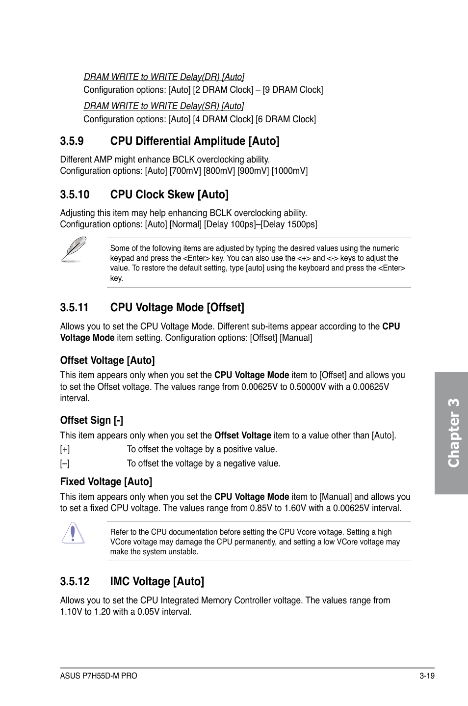 9 cpu differential amplitude [auto, 10 cpu clock skew [auto, 11 cpu voltage mode [offset | 12 imc voltage [auto, Cpu differential amplitude -19, Cpu clock skew -19, Cpu voltage mode -19, Imc voltage -19, Chapter 3 | Asus P7H55D-M PRO User Manual | Page 75 / 110