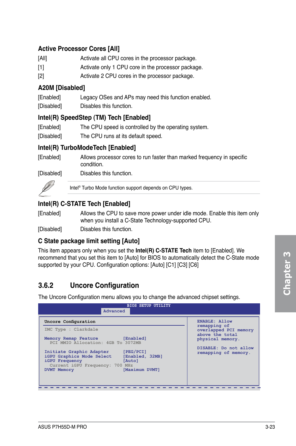 2 uncore configuration, Uncore configuration -23, Chapter 3 | Active processor cores [all, A20m [disabled, Intel(r) speedstep (tm) tech [enabled, Intel(r) turbomodetech [enabled, Intel(r) c-state tech [enabled, C state package limit setting [auto | Asus P7H55D-M PRO User Manual | Page 79 / 110