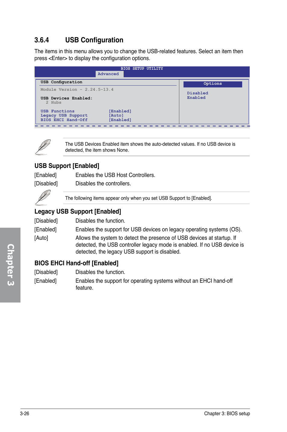 4 usb configuration, Usb configuration -26, Chapter 3 | Usb support [enabled, Legacy usb support [enabled, Bios ehci hand-off [enabled | Asus P7H55D-M PRO User Manual | Page 82 / 110