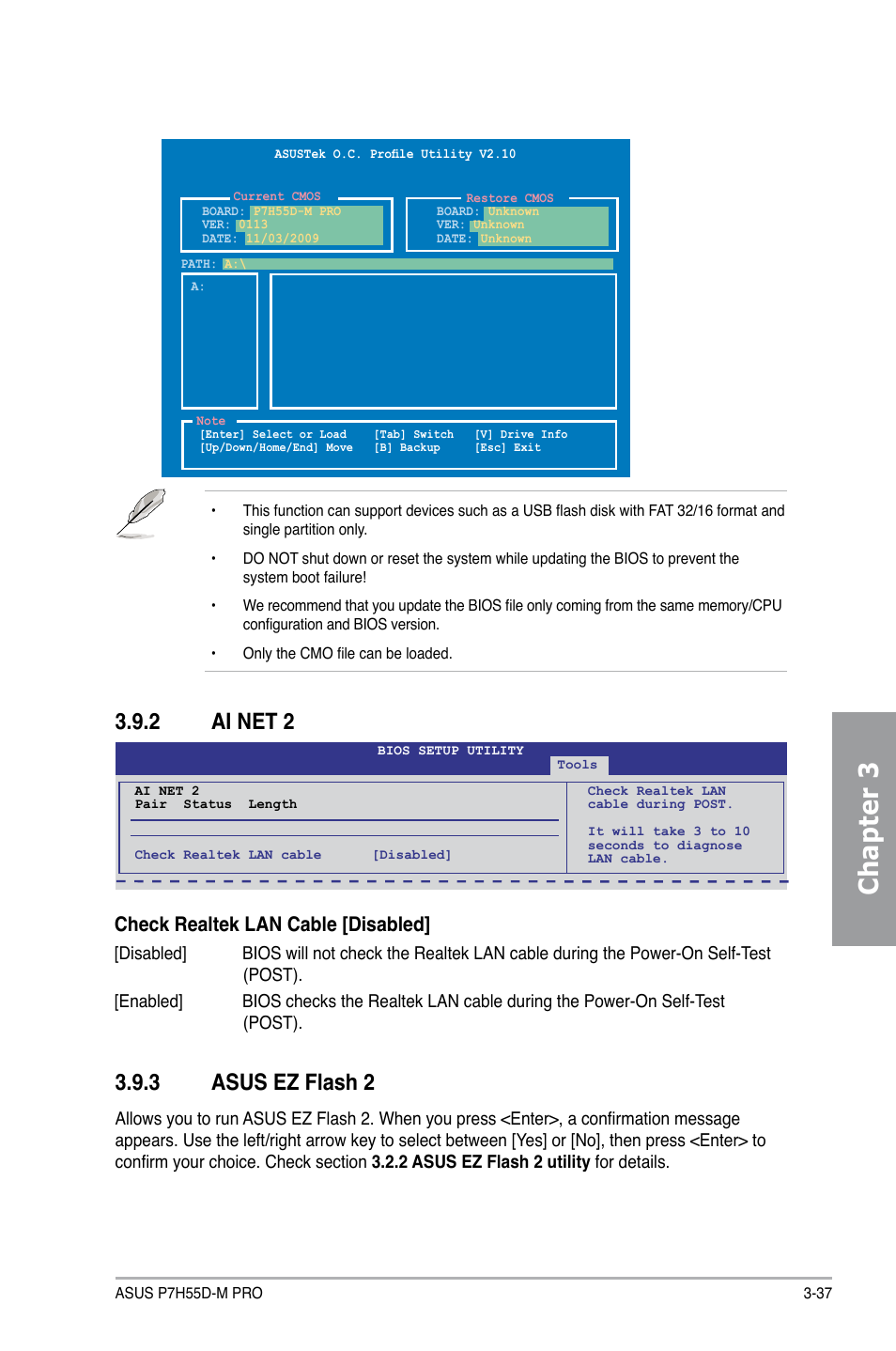 2 ai net 2, 3 asus ez flash 2, Ai net 2 -37 | Asus ez flash 2 -37, Chapter 3, Check realtek lan cable [disabled | Asus P7H55D-M PRO User Manual | Page 93 / 110