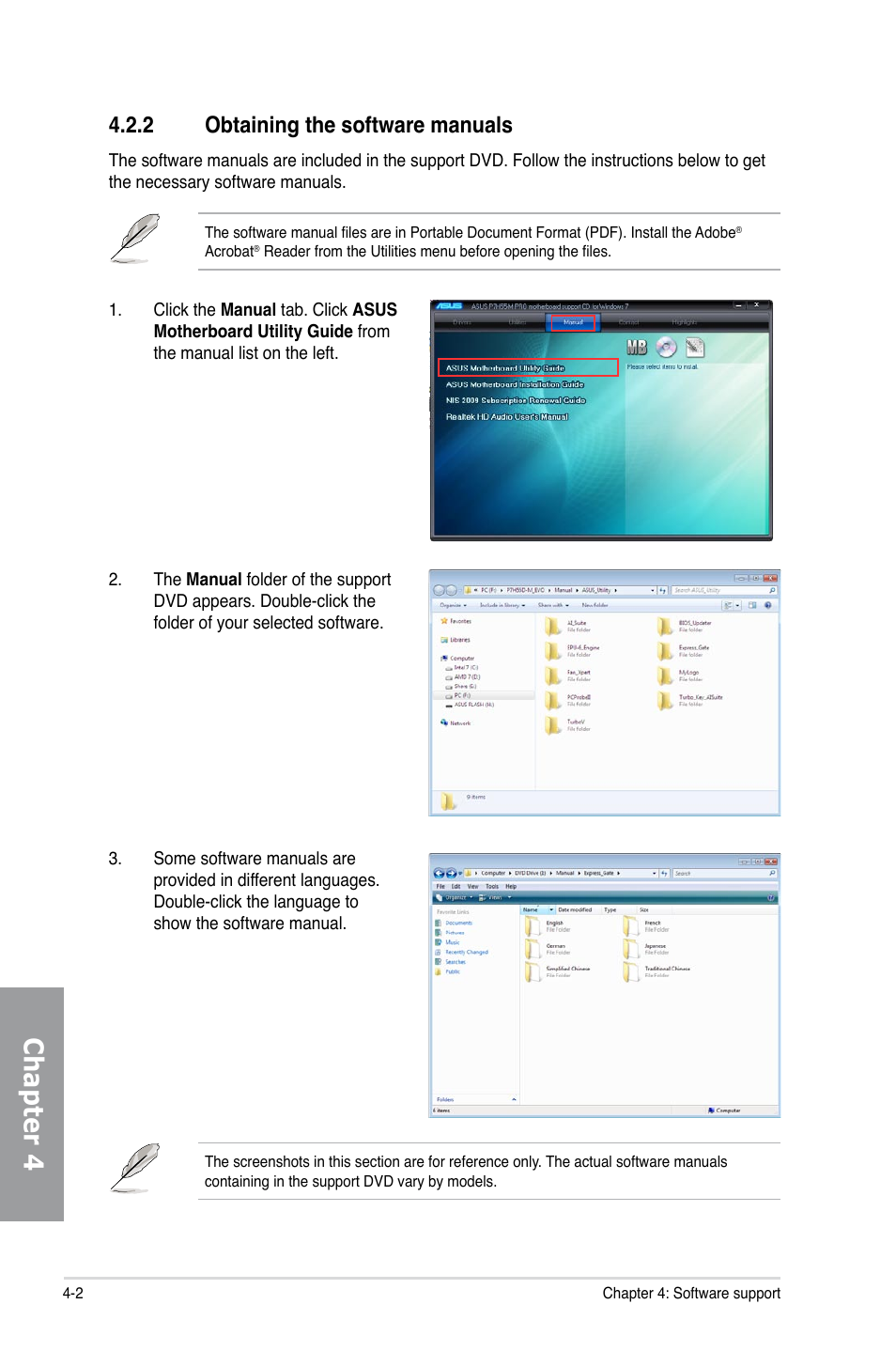 2 obtaining the software manuals, Obtaining the software manuals -2, Chapter 4 | Asus P7H55D-M PRO User Manual | Page 98 / 110