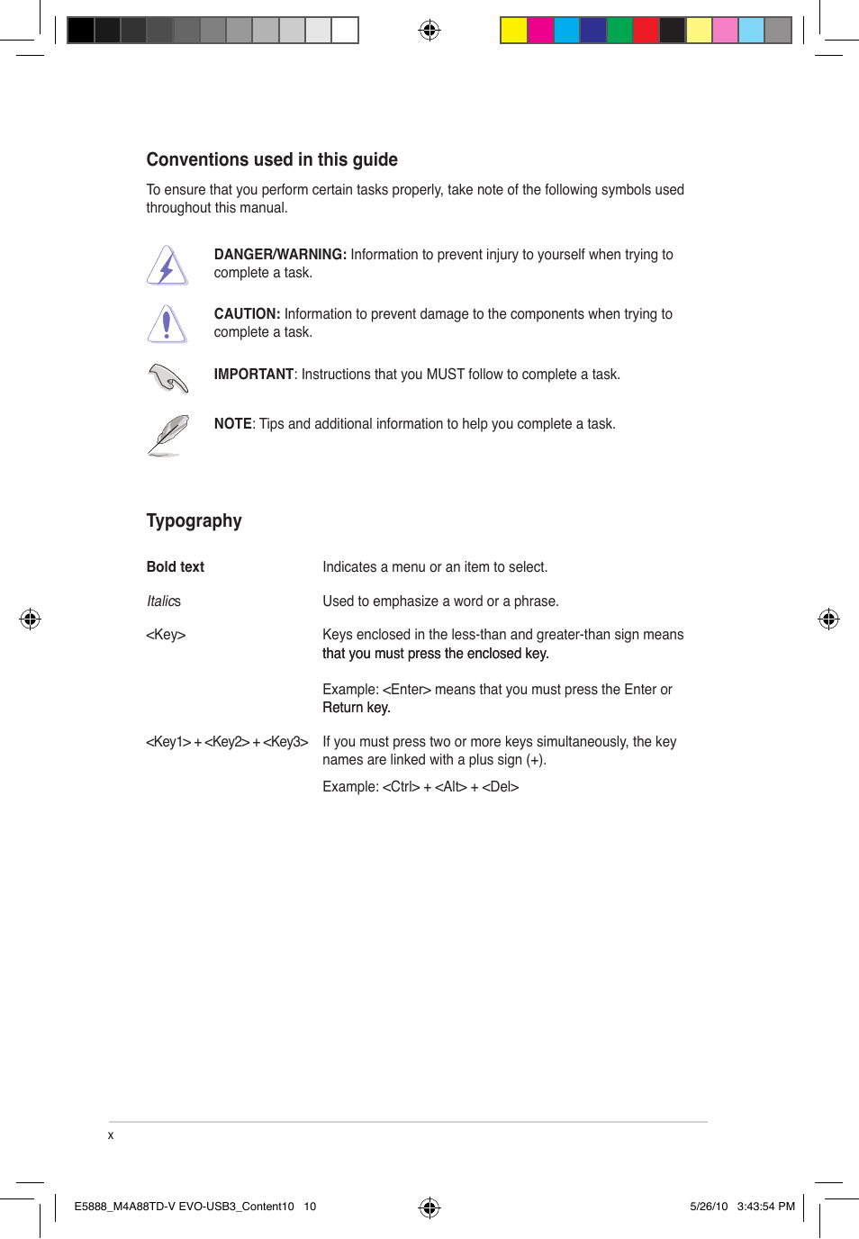 Conventions used in this guide, Typography | Asus M4A88TD-V EVO/USB3 User Manual | Page 10 / 128