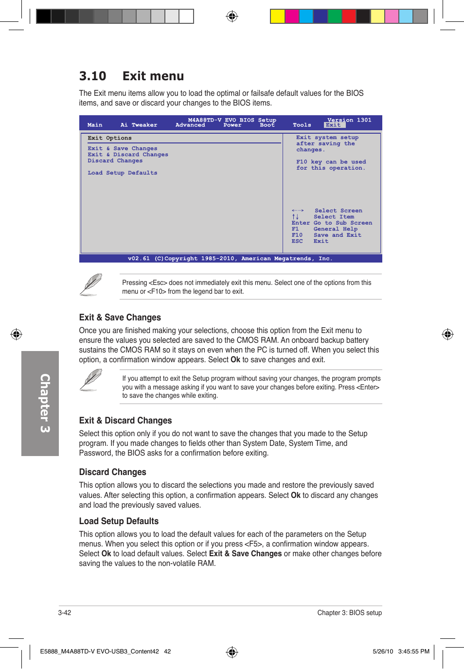 Chapter 3 3.10 exit menu | Asus M4A88TD-V EVO/USB3 User Manual | Page 100 / 128