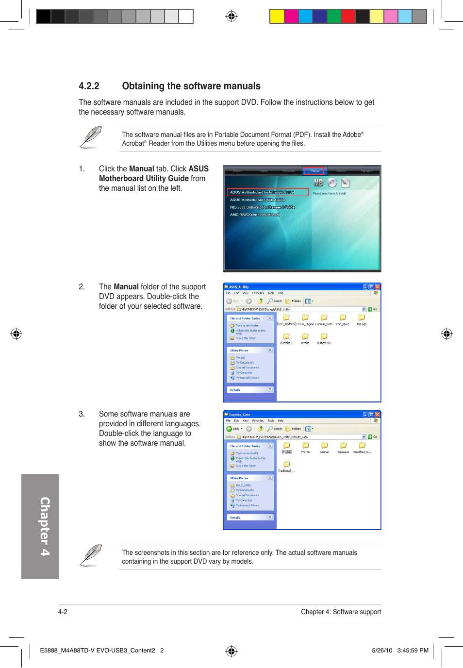 Chapter 4, 2 obtaining the software manuals | Asus M4A88TD-V EVO/USB3 User Manual | Page 102 / 128