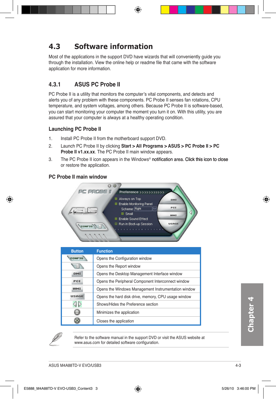 Chapter 4, 3 software information, 1 asus pc probe ii | Asus M4A88TD-V EVO/USB3 User Manual | Page 103 / 128