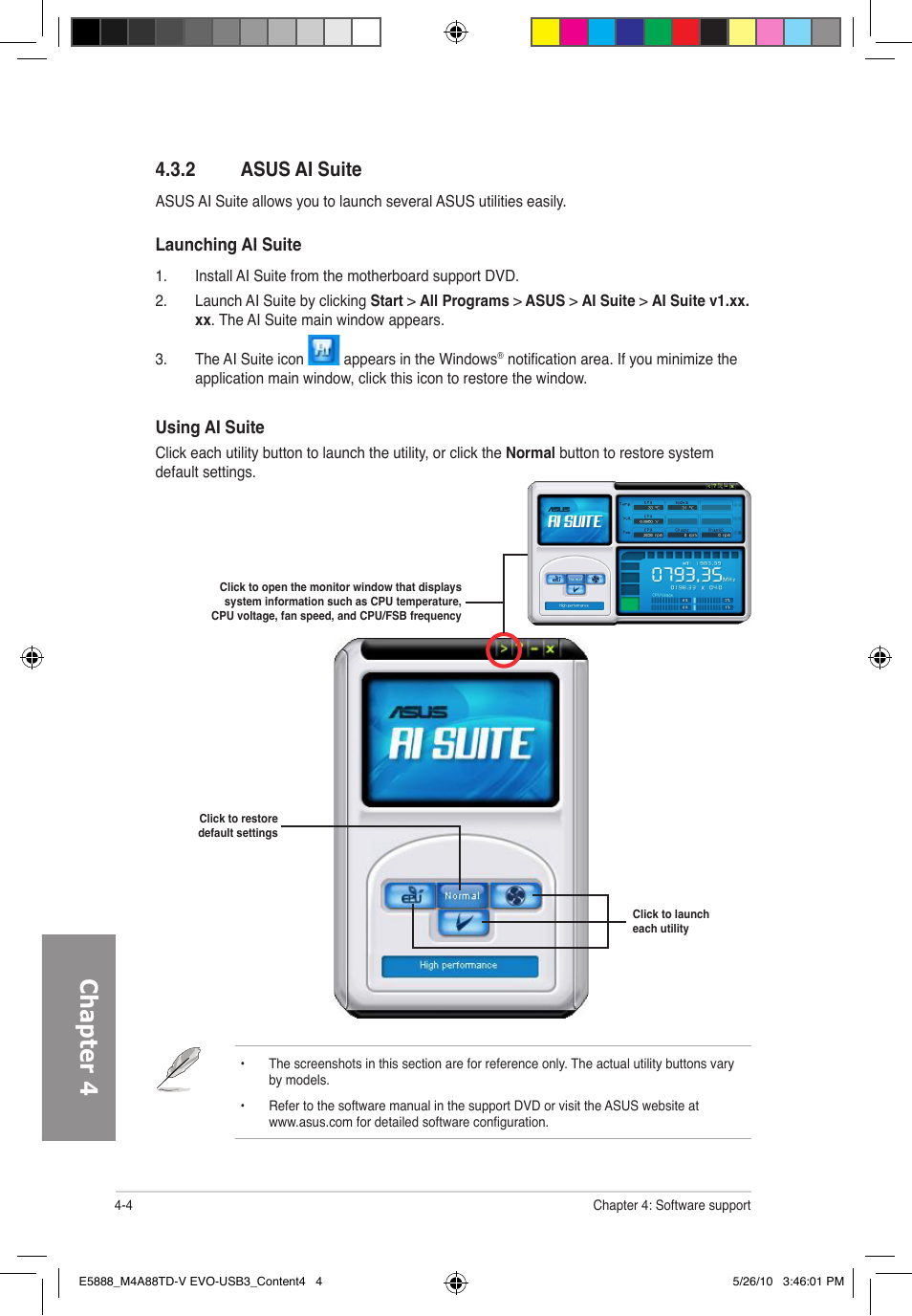 Chapter 4, 2 asus ai suite | Asus M4A88TD-V EVO/USB3 User Manual | Page 104 / 128