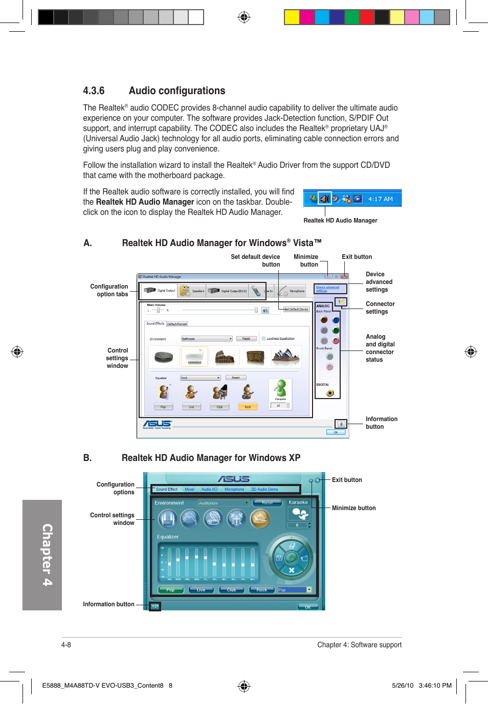 Chapter 4, 6 audio configurations, A. realtek hd audio manager for windows | Vista, B. realtek hd audio manager for windows xp | Asus M4A88TD-V EVO/USB3 User Manual | Page 108 / 128