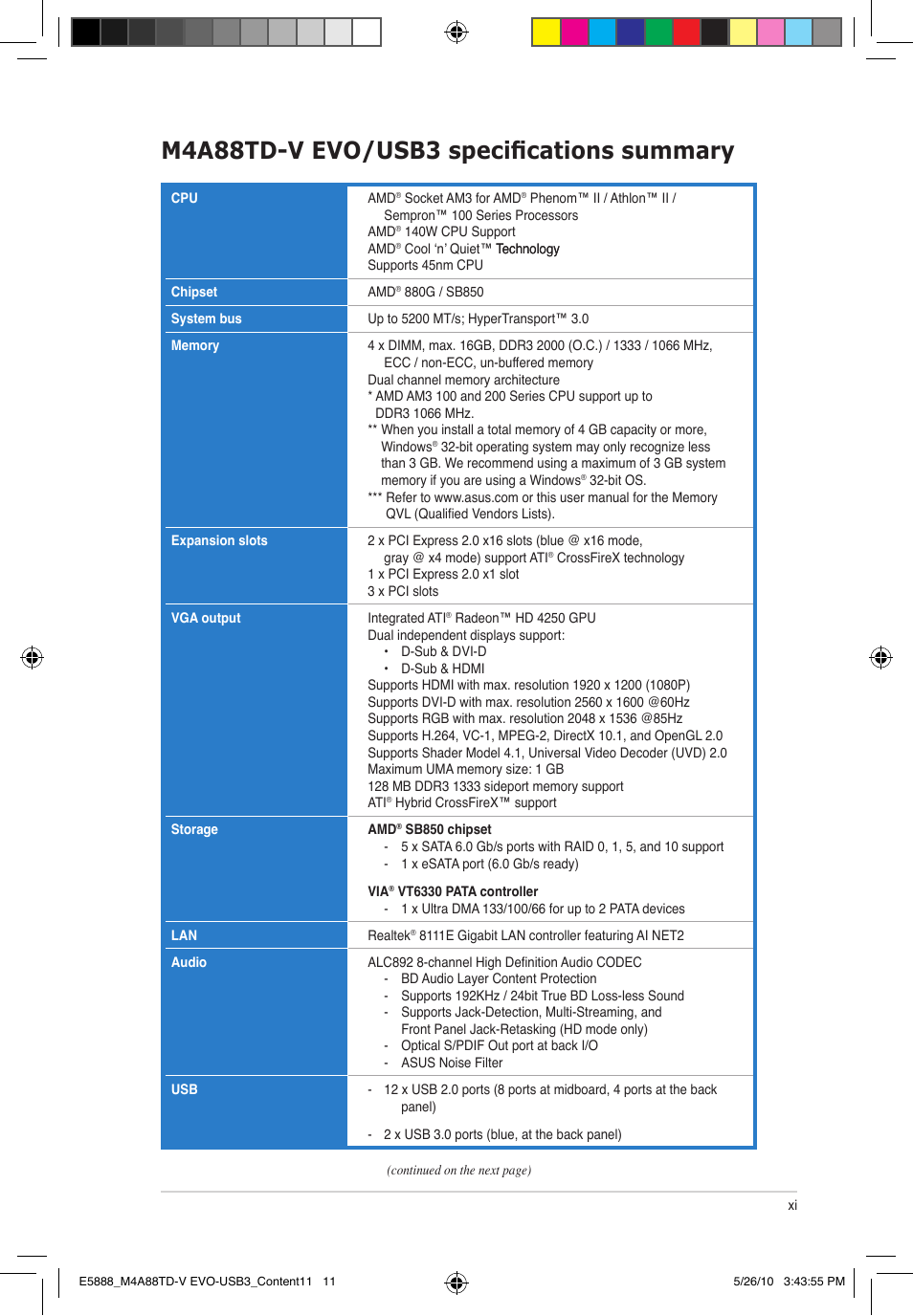 M4a88td-v evo/usb3 specifications summary | Asus M4A88TD-V EVO/USB3 User Manual | Page 11 / 128
