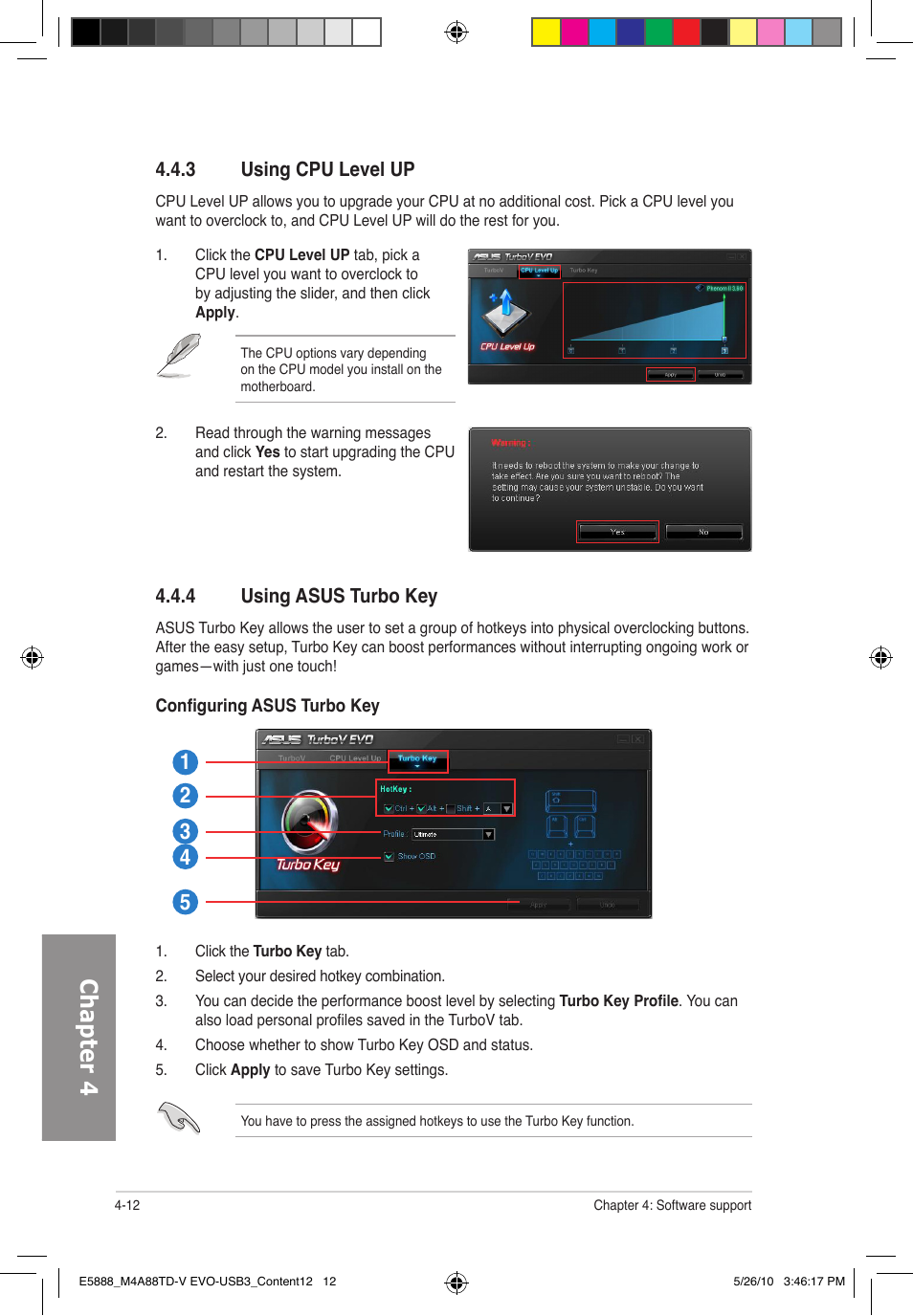 Chapter 4, 3 using cpu level up, 4 using asus turbo key | Asus M4A88TD-V EVO/USB3 User Manual | Page 112 / 128