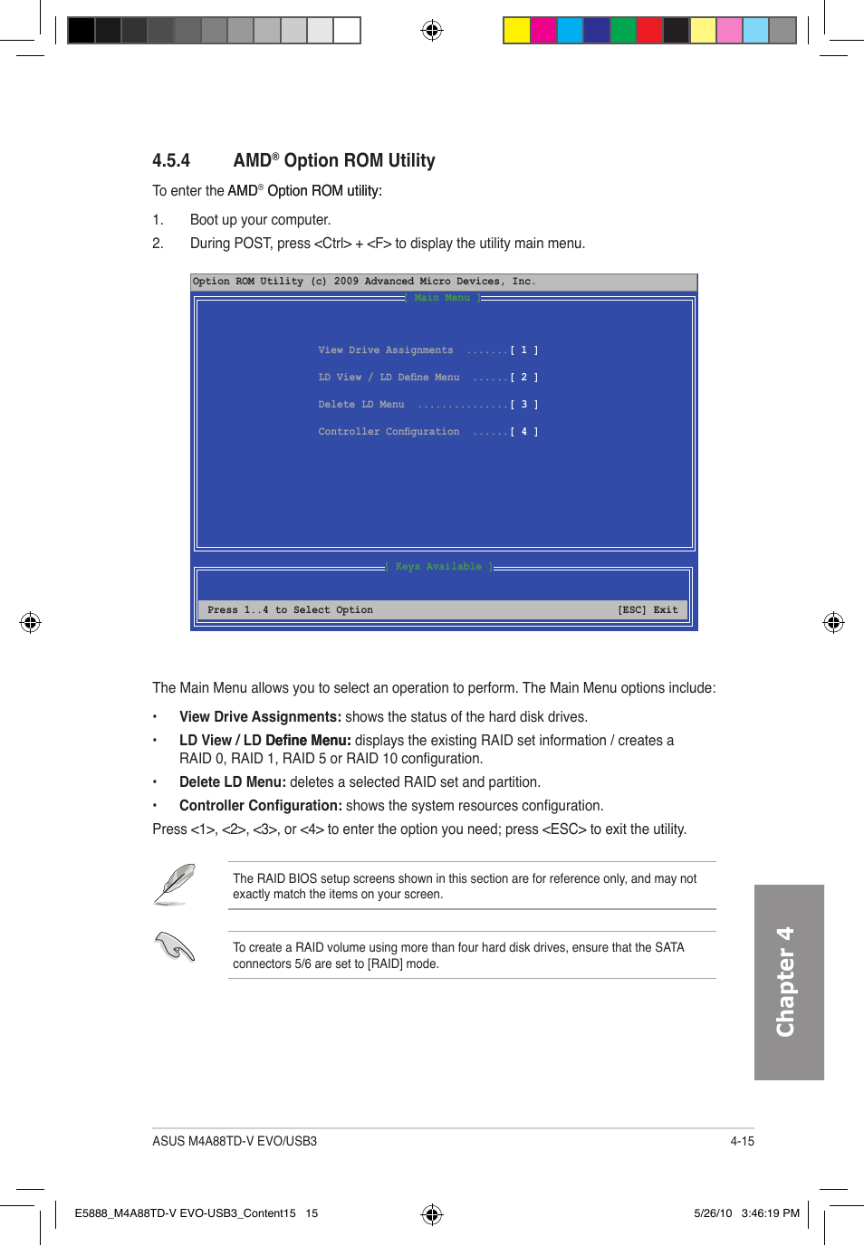 Chapter 4, 4 amd, Option rom utility | Asus M4A88TD-V EVO/USB3 User Manual | Page 115 / 128