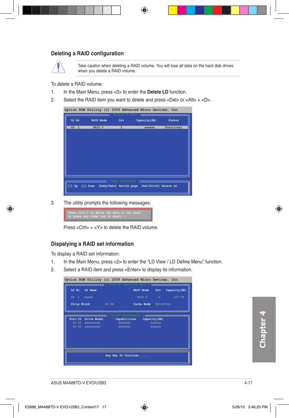 Chapter 4, Deleting a raid configuration, Dispalying a raid set information | Asus M4A88TD-V EVO/USB3 User Manual | Page 117 / 128