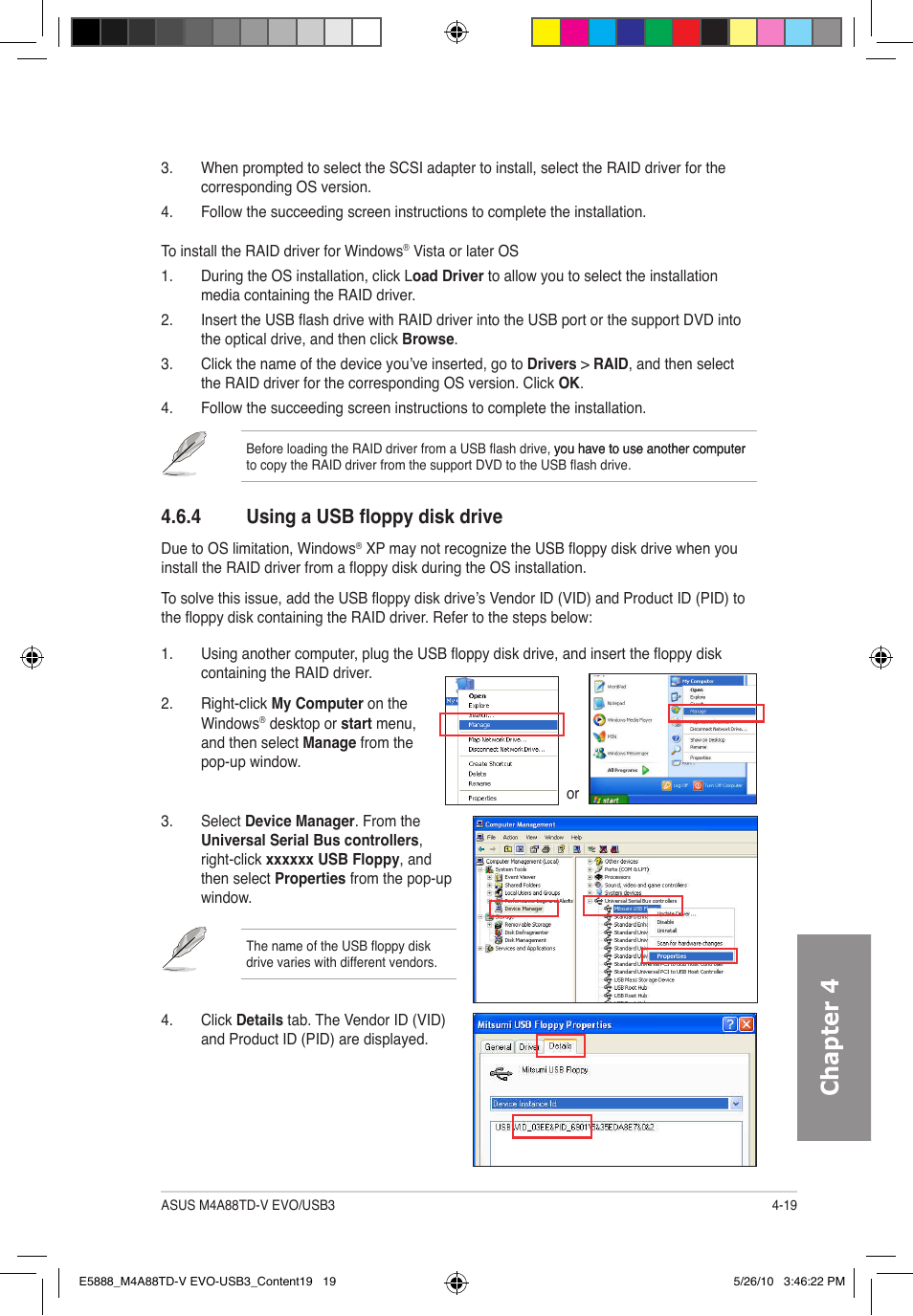 Chapter 4, 4 using a usb floppy disk drive | Asus M4A88TD-V EVO/USB3 User Manual | Page 119 / 128