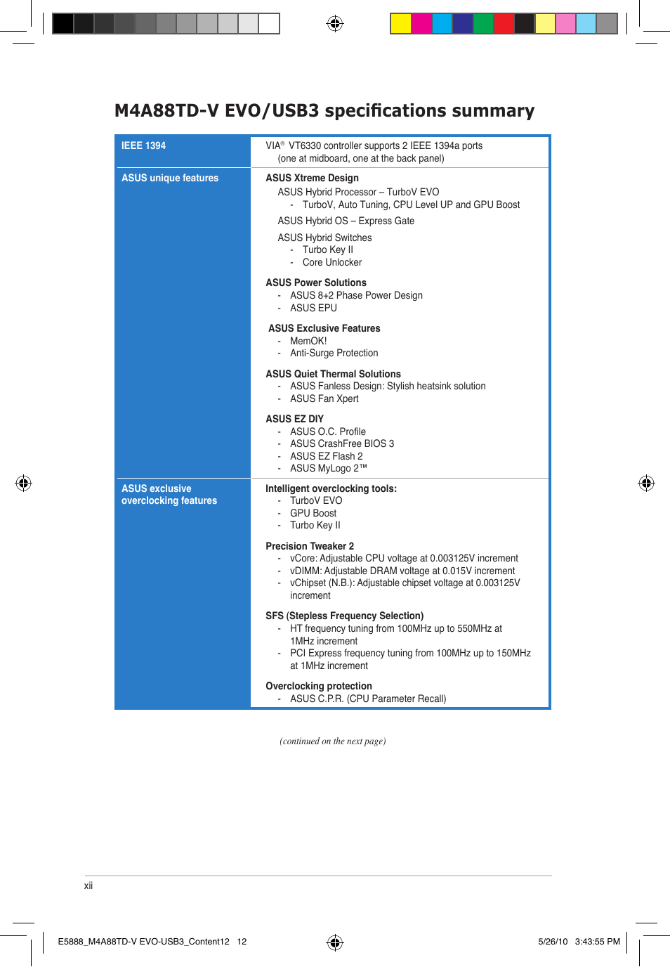 M4a88td-v evo/usb3 specifications summary | Asus M4A88TD-V EVO/USB3 User Manual | Page 12 / 128