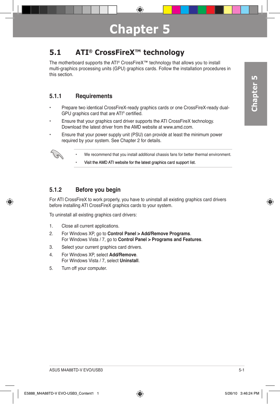 Chapter 5, 1 ati, Crossfirex™ technology | 2 before you begin, 1 requirements | Asus M4A88TD-V EVO/USB3 User Manual | Page 121 / 128