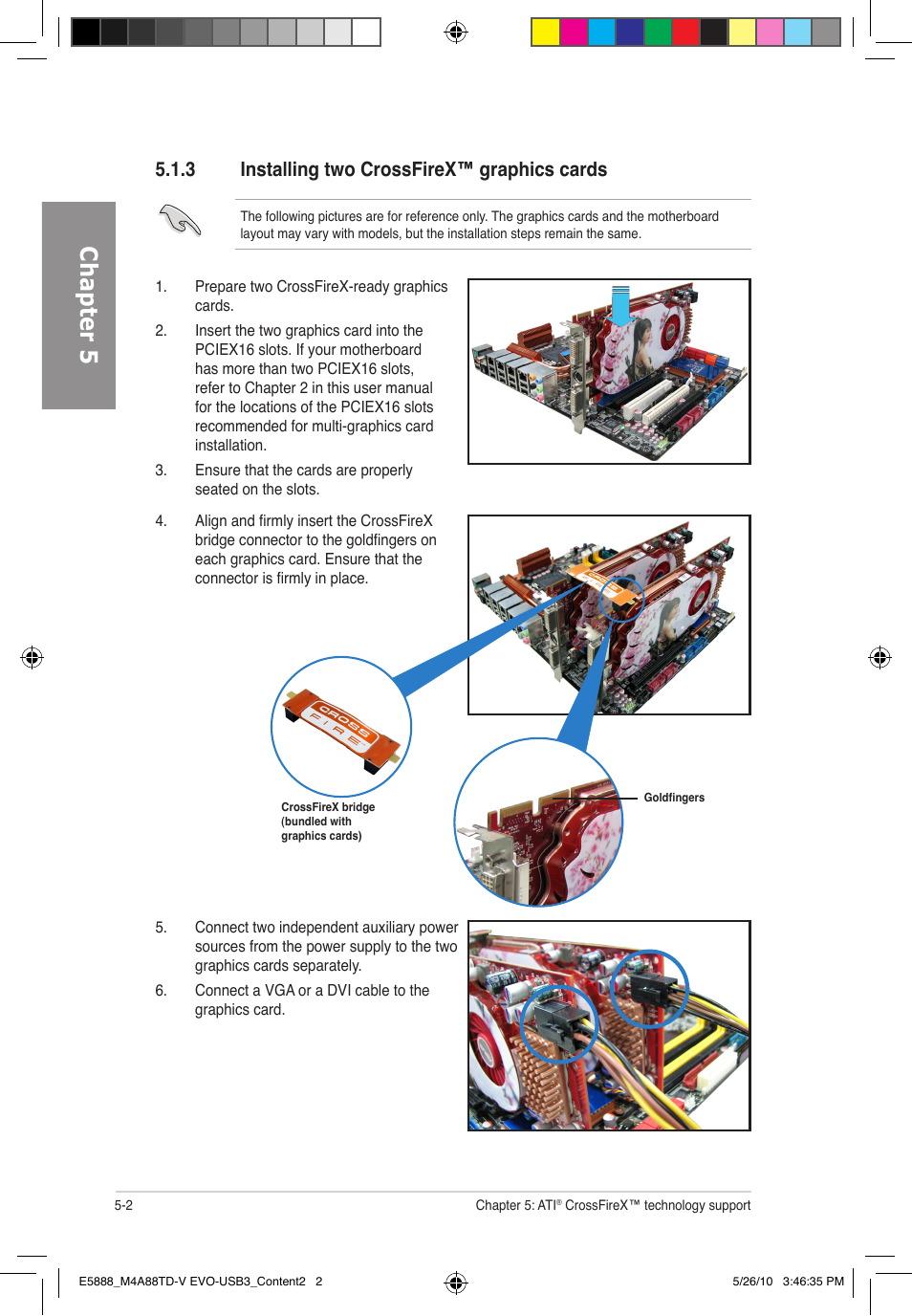 Chapter 5, 3 installing two crossfirex™ graphics cards | Asus M4A88TD-V EVO/USB3 User Manual | Page 122 / 128