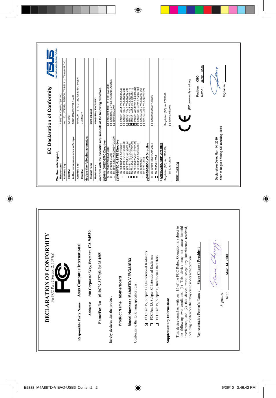 Declaration of conformity, Ec declaration of conformity, Asu s c om pu te r in te rn at io na l | Asus M4A88TD-V EVO/USB3 User Manual | Page 128 / 128