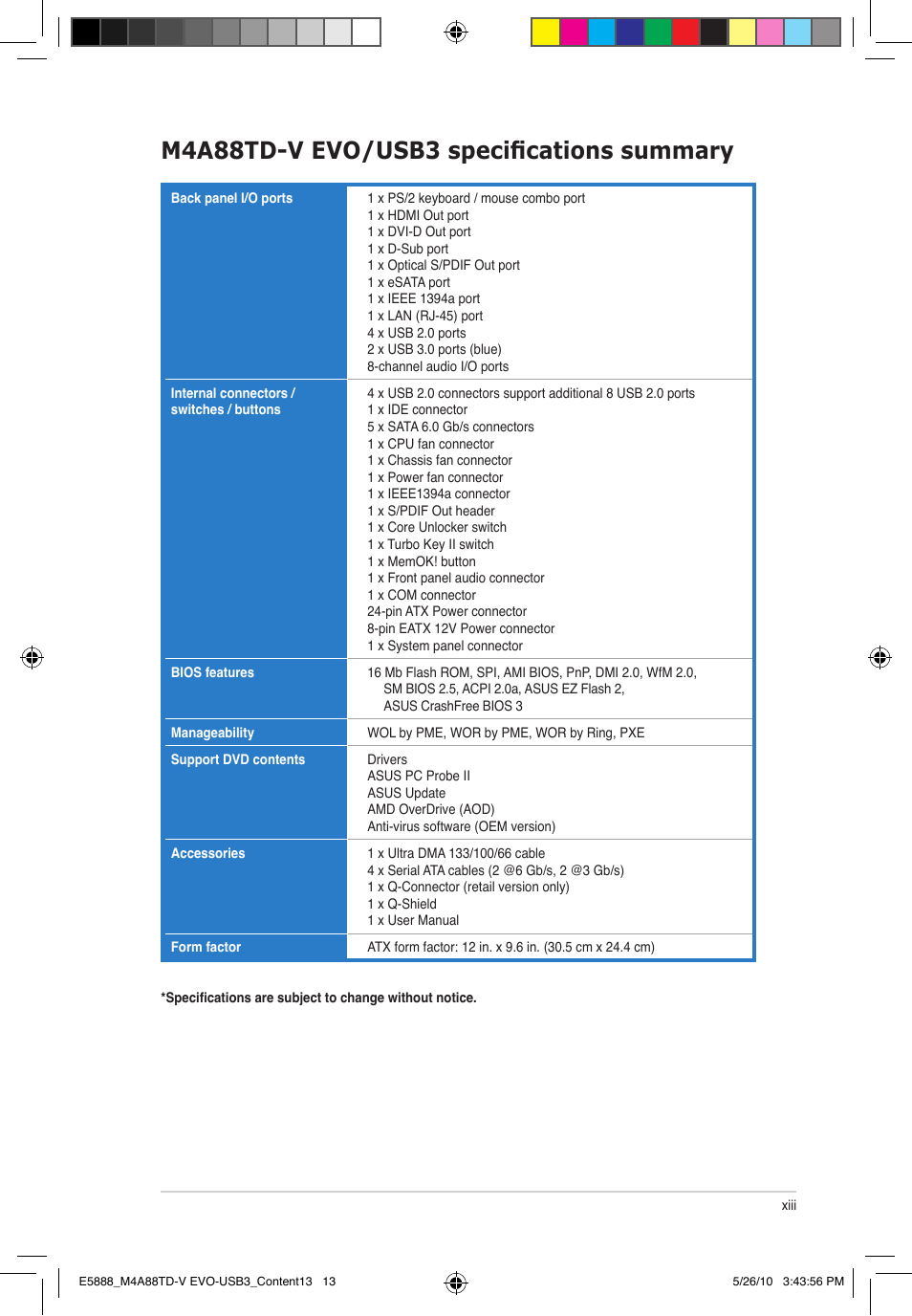 M4a88td-v evo/usb3 specifications summary | Asus M4A88TD-V EVO/USB3 User Manual | Page 13 / 128