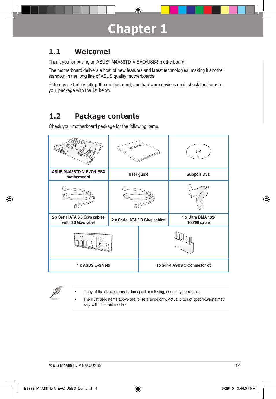 Chapter 1, 1 welcome, 2 package contents | Asus M4A88TD-V EVO/USB3 User Manual | Page 15 / 128