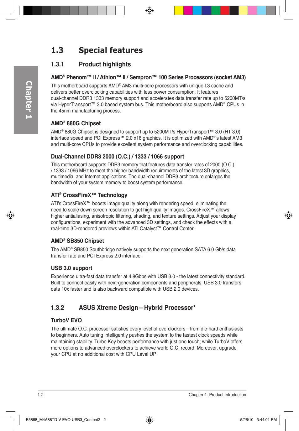 Chapter 1 1.3 special features, 1 product highlights, 2 asus xtreme design—hybrid processor | Asus M4A88TD-V EVO/USB3 User Manual | Page 16 / 128