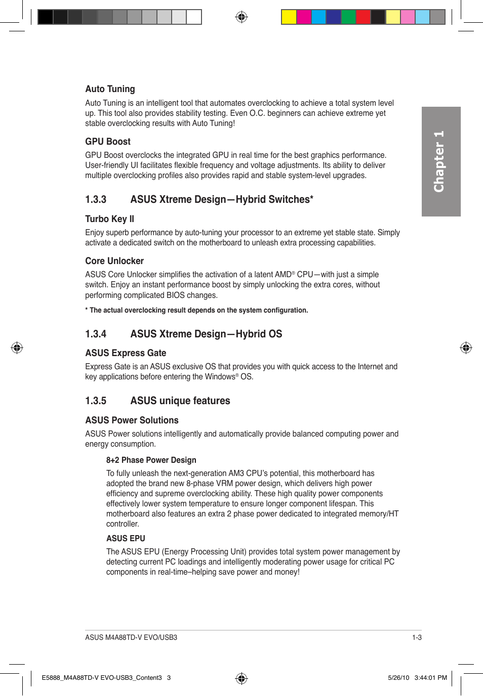 Chapter 1, 3 asus xtreme design—hybrid switches, 4 asus xtreme design—hybrid os | 5 asus unique features | Asus M4A88TD-V EVO/USB3 User Manual | Page 17 / 128