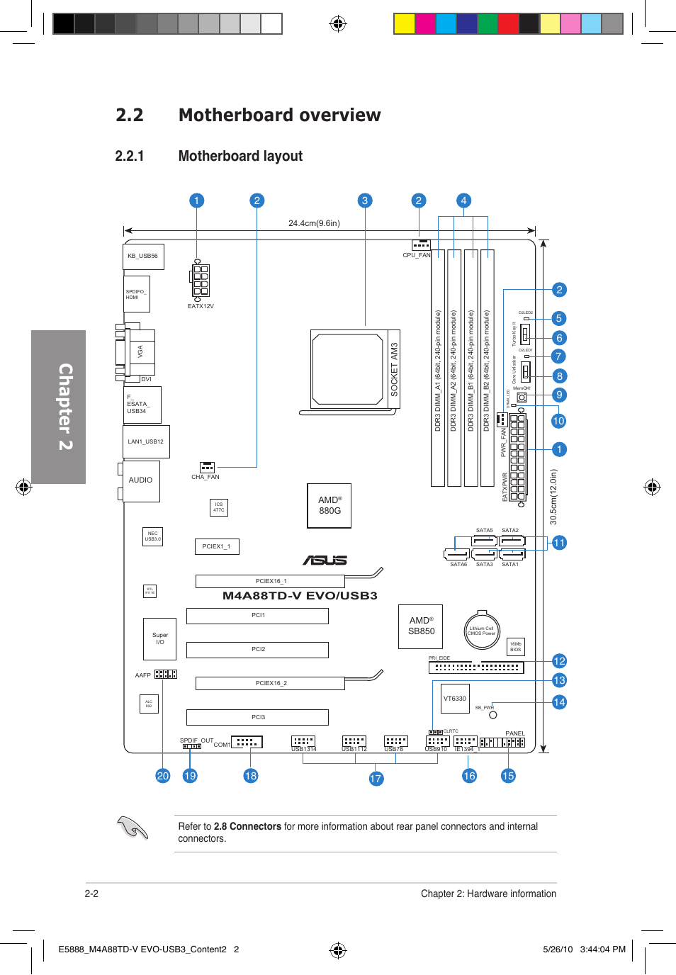 Chapter 2, 2 motherboard overview, 1 motherboard layout | 2 chapter 2: hardware information, M4a88td-v evo/usb3 | Asus M4A88TD-V EVO/USB3 User Manual | Page 20 / 128