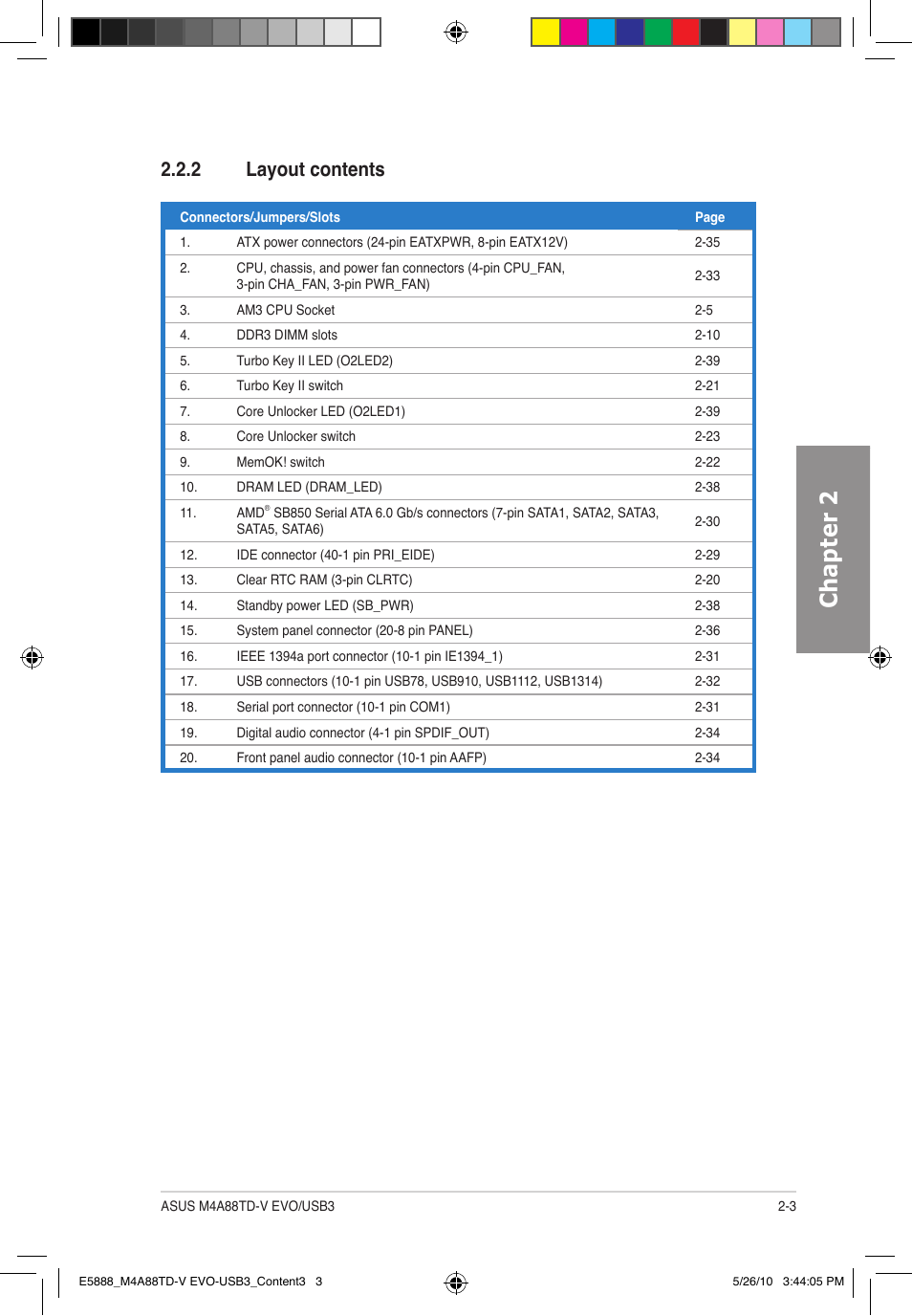 Chapter 2, 2 layout contents | Asus M4A88TD-V EVO/USB3 User Manual | Page 21 / 128