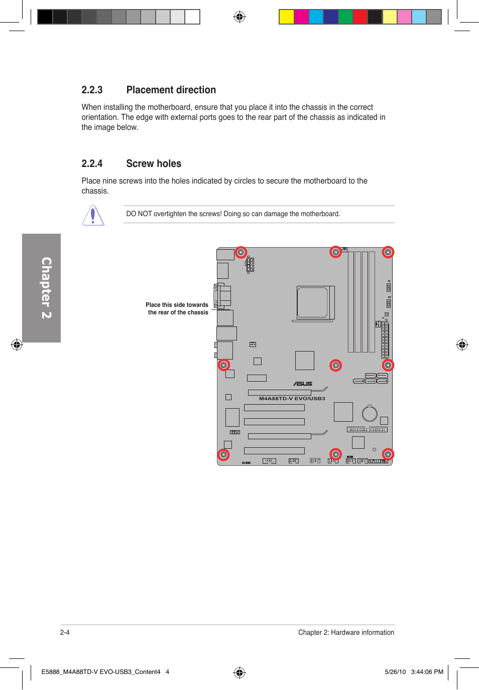 Chapter 2, 3 placement direction, 4 screw holes | Asus M4A88TD-V EVO/USB3 User Manual | Page 22 / 128