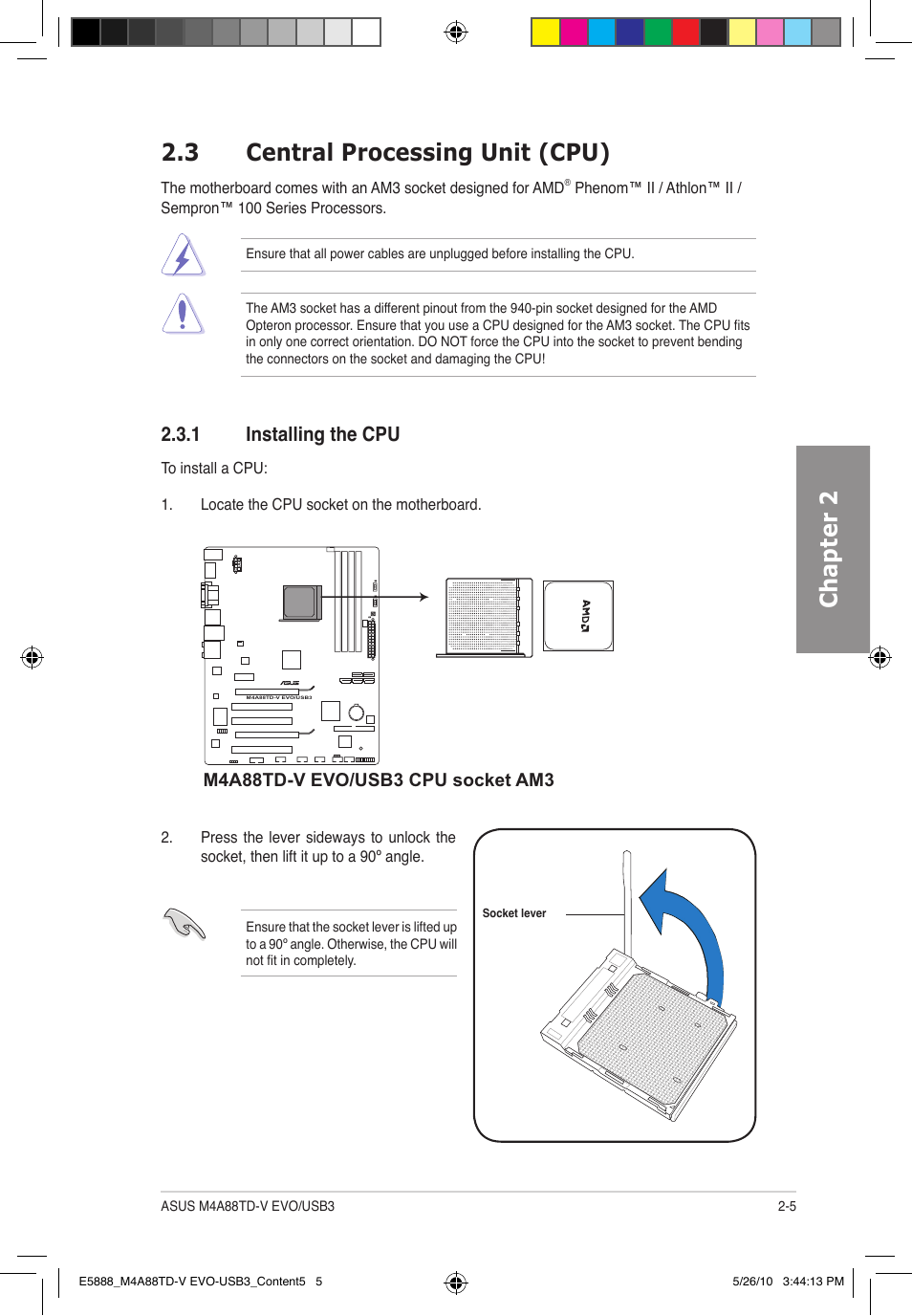 Chapter 2 2.3 central processing unit (cpu), 1 installing the cpu | Asus M4A88TD-V EVO/USB3 User Manual | Page 23 / 128