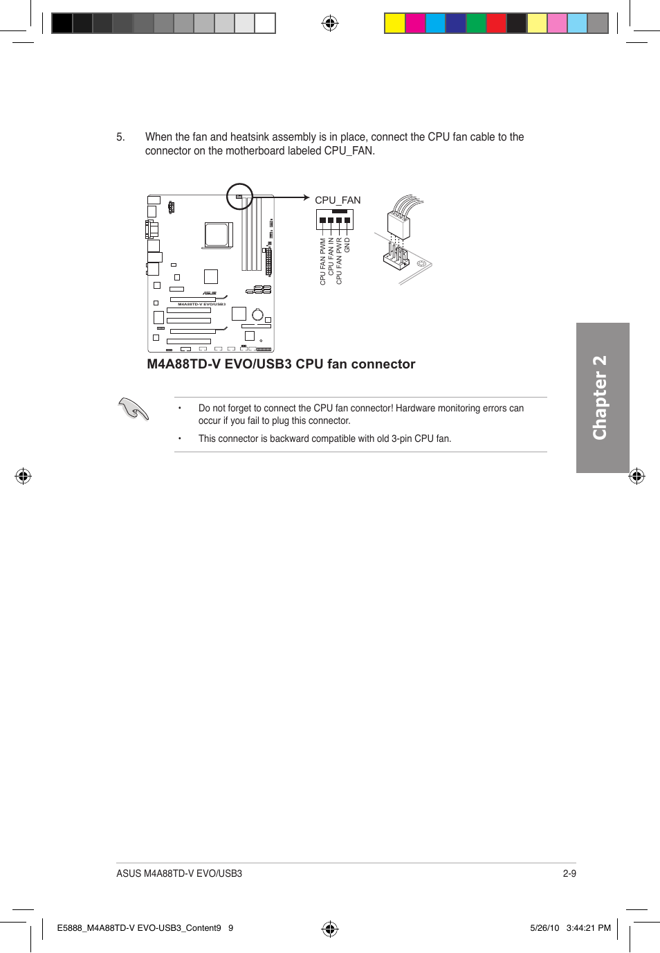Chapter 2, M4a88td-v evo/usb3 cpu fan connector | Asus M4A88TD-V EVO/USB3 User Manual | Page 27 / 128