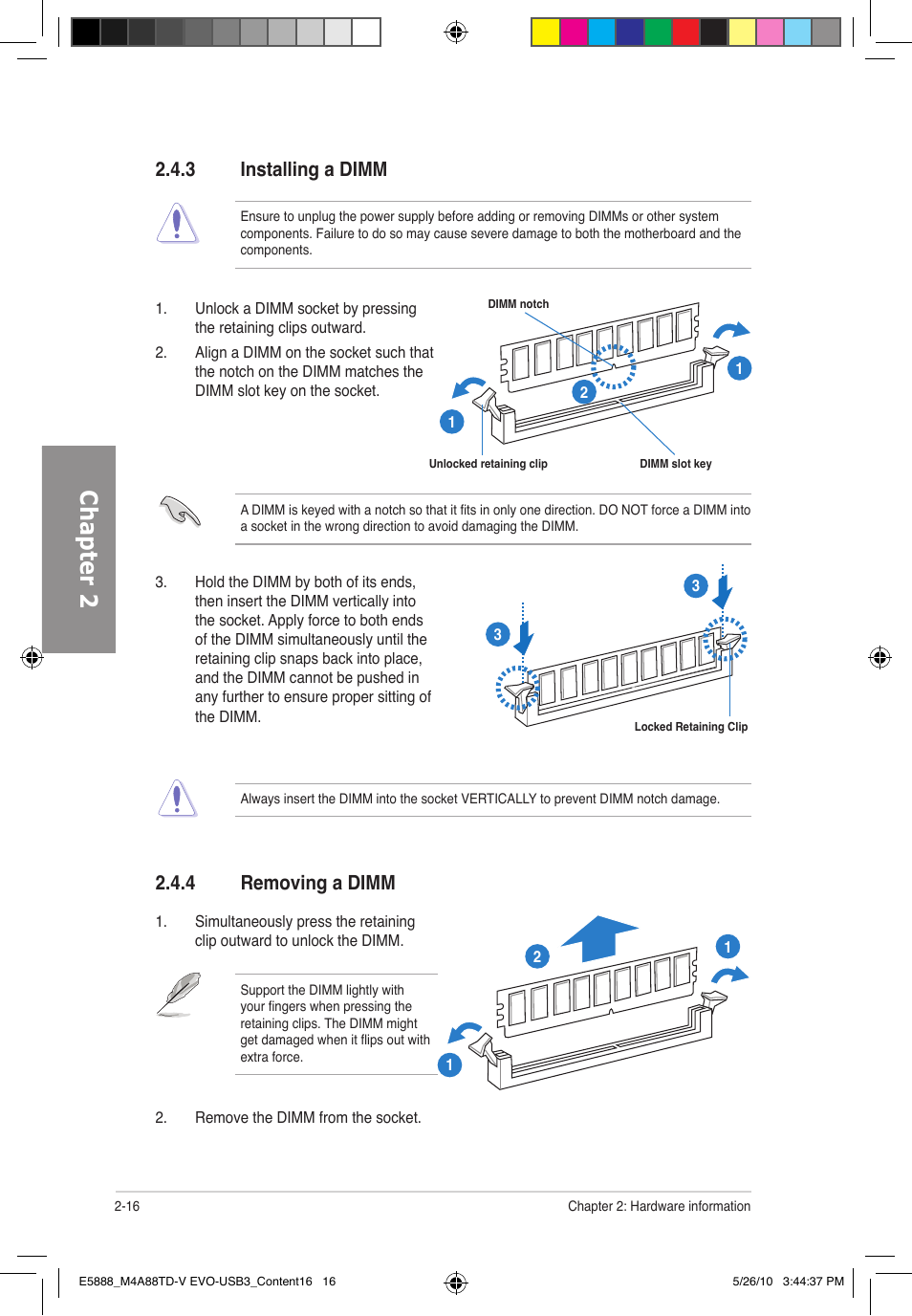 Chapter 2, 3 installing a dimm, 4 removing a dimm | Asus M4A88TD-V EVO/USB3 User Manual | Page 34 / 128