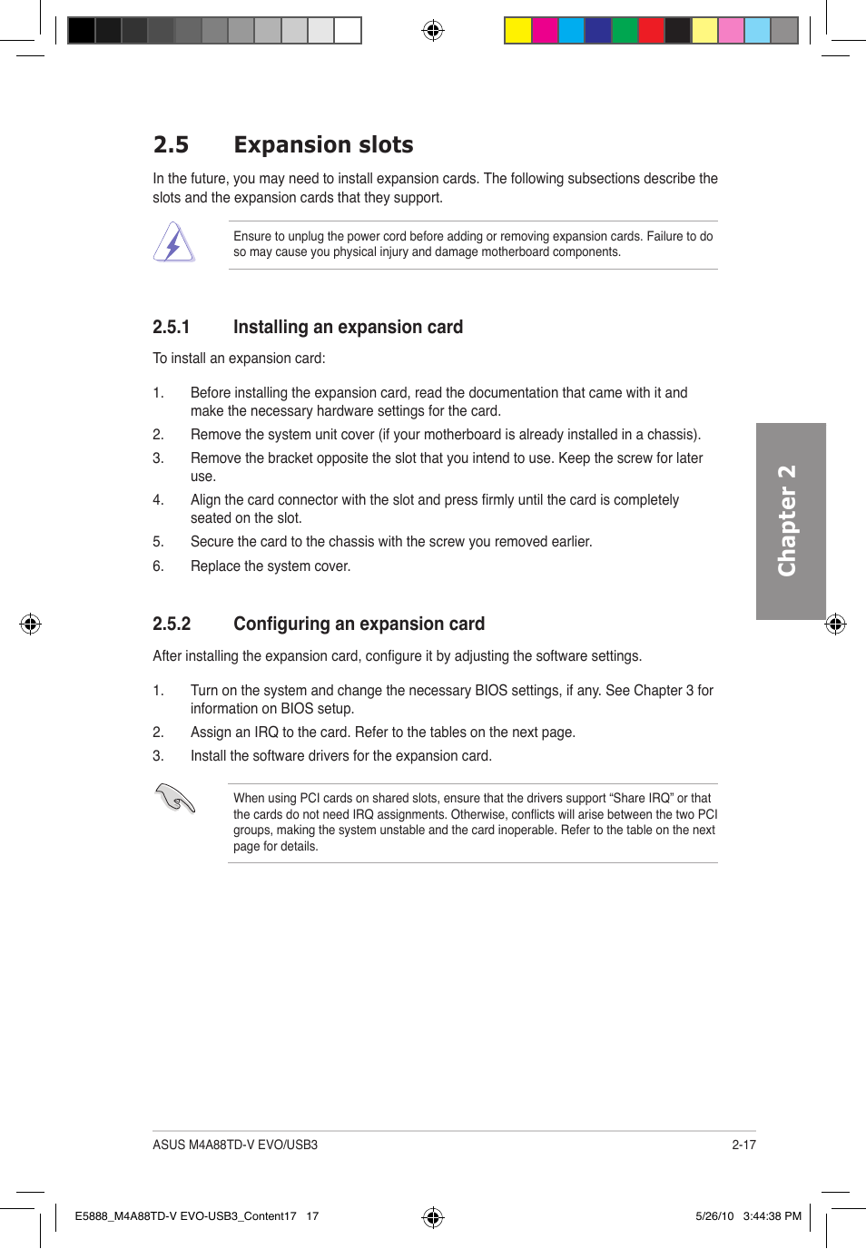 Chapter 2 2.5 expansion slots, 1 installing an expansion card, 2 configuring an expansion card | Asus M4A88TD-V EVO/USB3 User Manual | Page 35 / 128