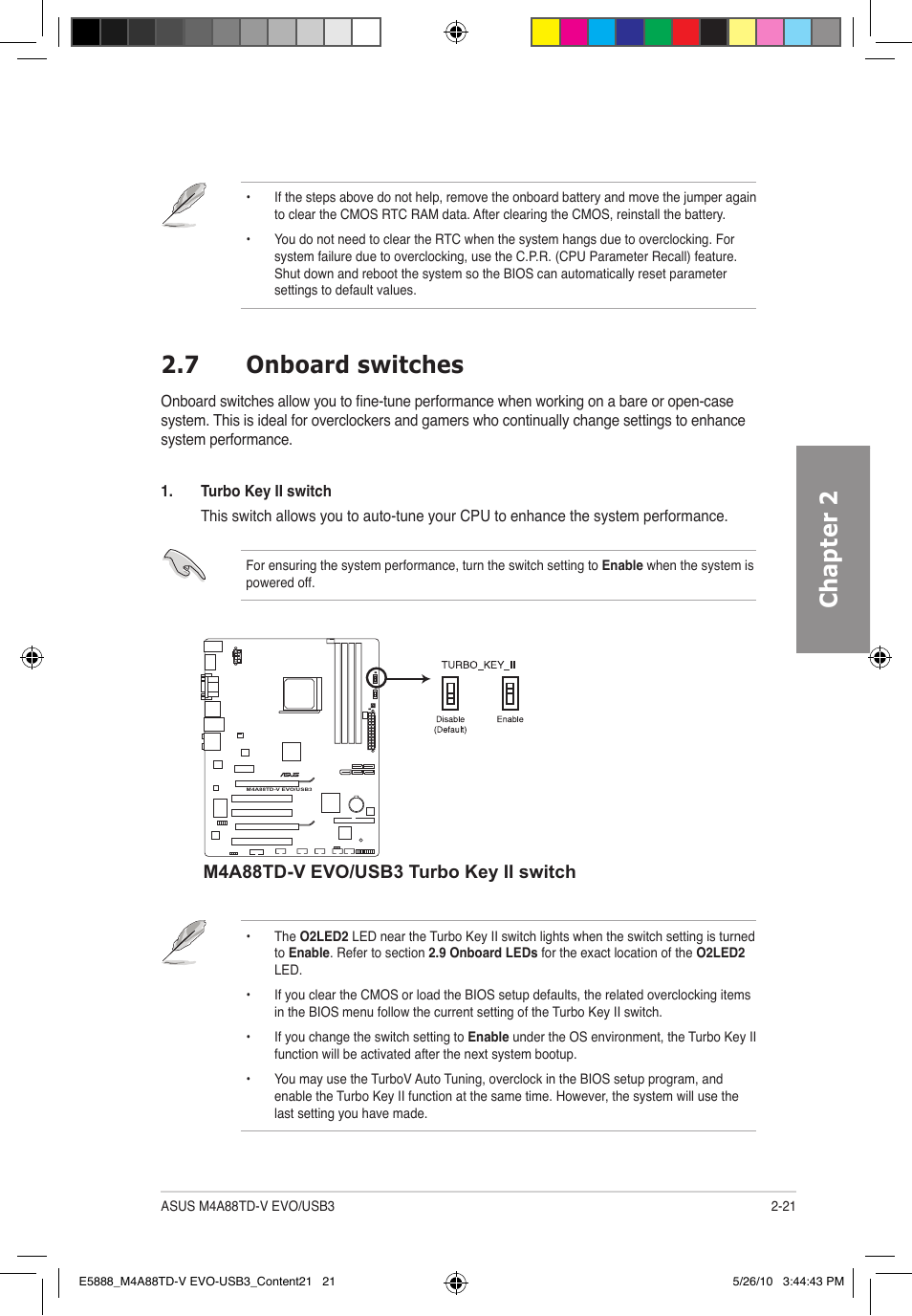 Chapter 2, 7 onboard switches, M4a88td-v evo/usb3 turbo key ii switch | Asus M4A88TD-V EVO/USB3 User Manual | Page 39 / 128