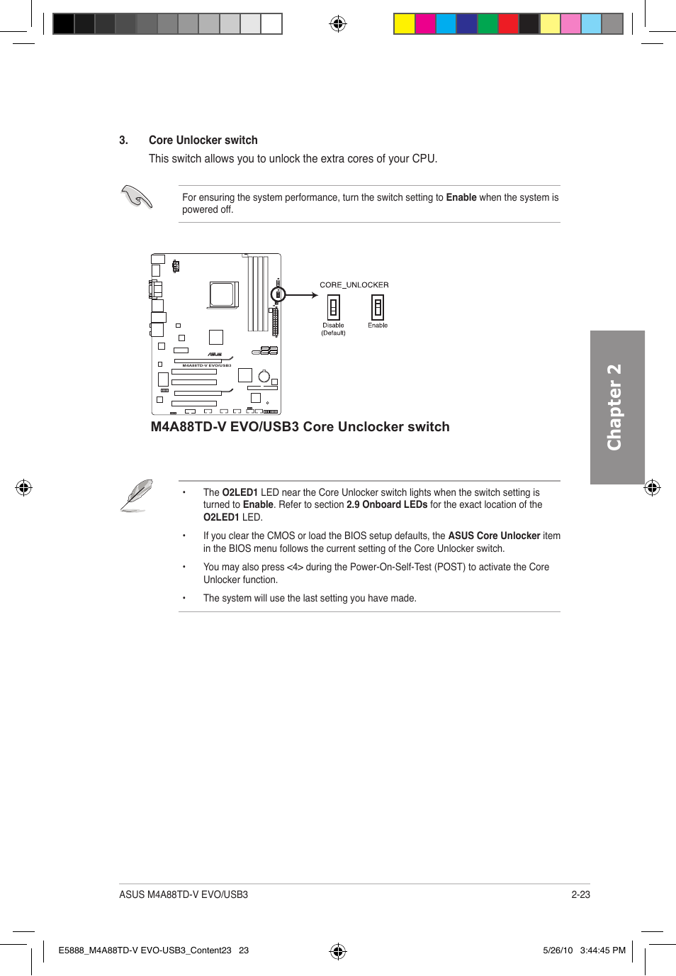 Chapter 2, M4a88td-v evo/usb3 core unclocker switch | Asus M4A88TD-V EVO/USB3 User Manual | Page 41 / 128