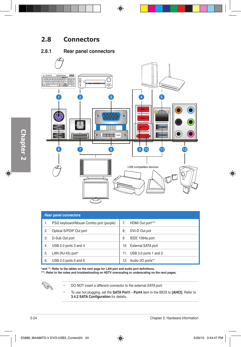 Chapter 2 2.8 connectors, 1 rear panel connectors | Asus M4A88TD-V EVO/USB3 User Manual | Page 42 / 128