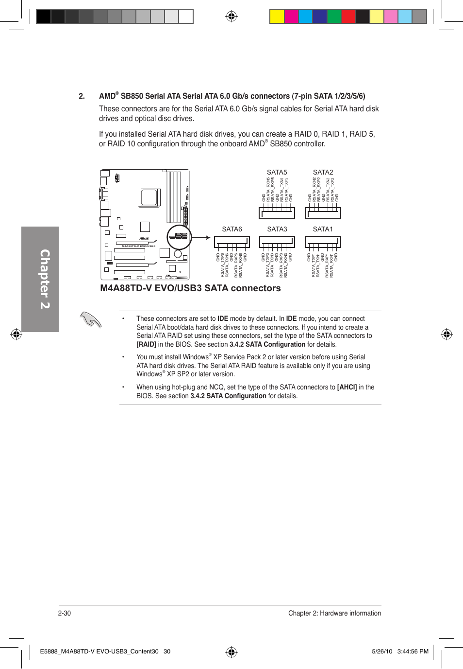 Chapter 2, M4a88td-v evo/usb3 sata connectors, Sb850 controller | 30 chapter 2: hardware information | Asus M4A88TD-V EVO/USB3 User Manual | Page 48 / 128